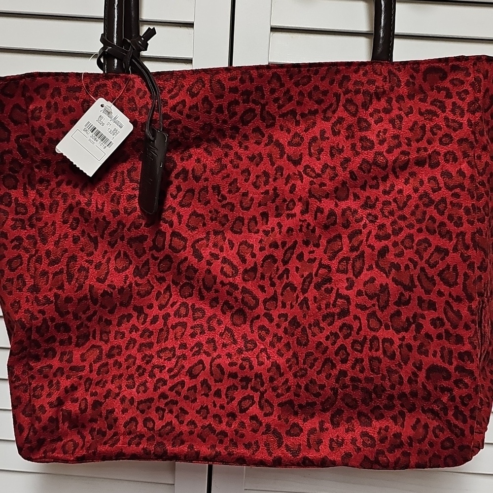 NWT Neiman Marcus Red Faux Suede Leopard Print Tote Bag Faux Leather Straps - Picture 10 of 10